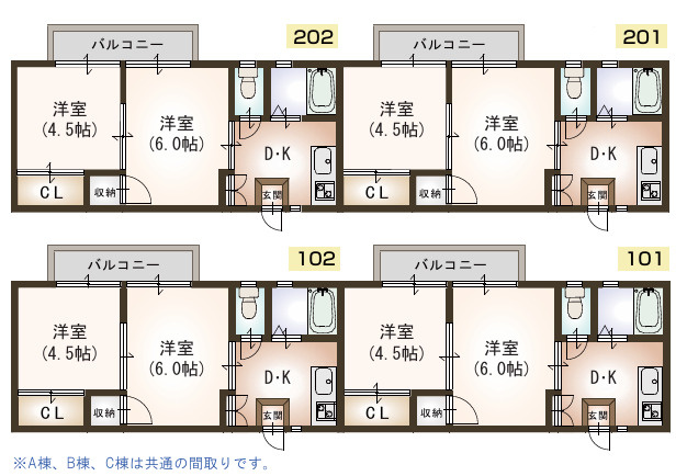 カスヤハイツＡ棟，Ｂ棟，Ｃ棟の間取り