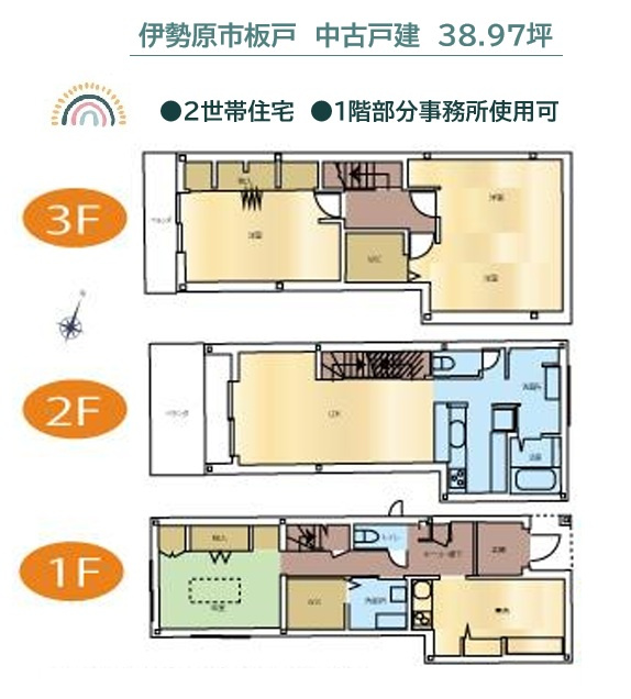 伊勢原市板戸　中古戸建　38.97坪の間取り|1か所でご家族分の荷物もたっぷり収納できる「WIC」付き！　　　　
1階部分は事務所使用も可能でございます。