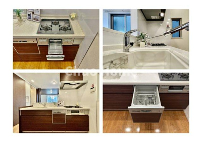 【キッチン】 | 荒川区荒川8丁目中古住宅 | 【システムキッチン】ワイドで収納豊富な使い勝手の良いカウンターキッチンには、食洗器や伸縮タイプのキッチン水栓、三ツ口コンロ・魚焼きグリルなどの便利な設備が標準完備されています。