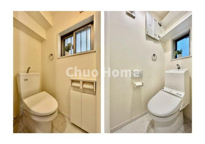 【トイレ】 | 荒川区荒川8丁目中古住宅 | 【トイレ×2】 収納スペースをしっかりと確保した温水洗浄便座機能付きトイレ。温水洗浄便座は清潔にお使いいただくための大切なアイテムです。