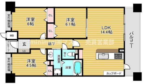セザール平野の間取り|◆3LDK、価格2998万円、専有面積66.96㎡、バルコニー面積13.90㎡
