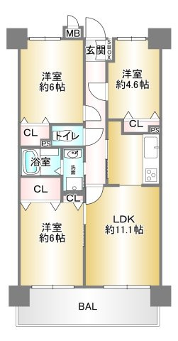 セントヒルズ東浦和の間取り|【LDK　11.1帖】
【洋室　6帖×２室】
【洋室　4.6帖】