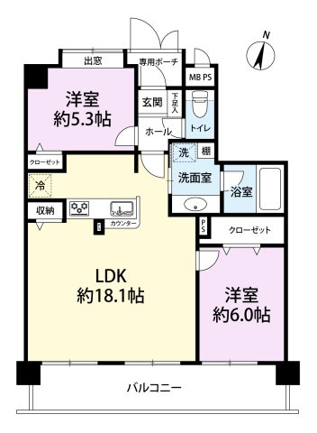 【間取り】 | ダイアパレスレイクビュー井尻 | オーソドックスで使いやすい２ＬＤＫ ６３㎡の間取りです。カウンターキッチンは小さなお子様を見守りながら家事ができて安心です♪