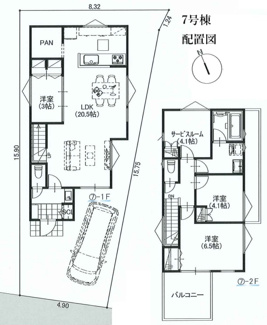【間取り】 | 【仲介手数料無料！！】日野市東豊田4丁目　新築戸建て（全7区画）7号棟　5490万円 | 7号棟　3LDK＋S　土地：105.02㎡　建物：90.99㎡　車庫1台