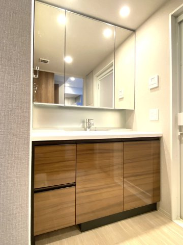 プラウド水戸三の丸の独立洗面台|見た目の美しさだけではなく、機能性も追求したカウンターのある広い独立洗面化粧台。
身だしなみチェックや歯磨きなど、朝の慌ただしい時間でも余裕を感じて頂けます。