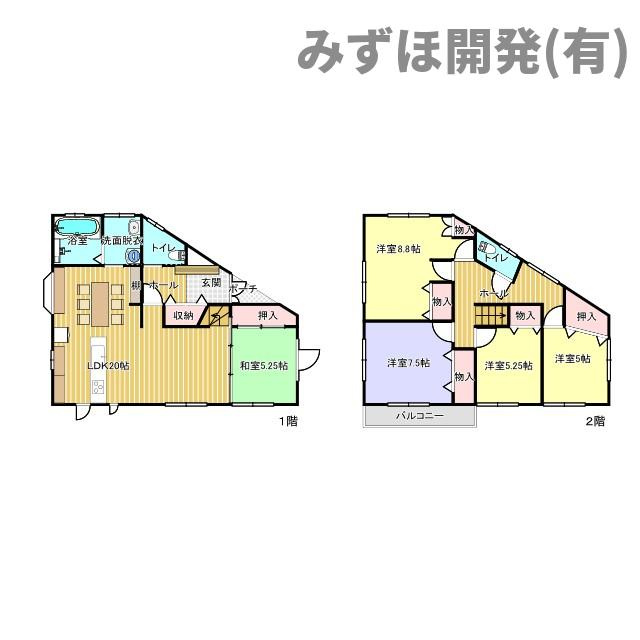 山形市小白川町2丁目4-4の間取り|2階洋室（黄色3部屋）にはロフトがついています。2階の洋室（青色）には屋根裏収納がついています。