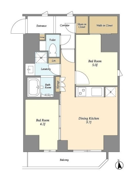 グランカーサ蒲田ウエストの間取り|南向きバルコニー南東角部屋の2DKウォークインクローゼット付！