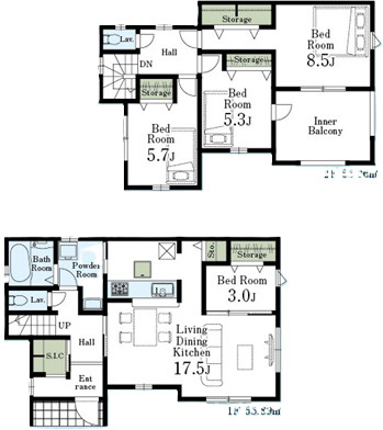 広がる青空を背景に、のびのびと暮らしを楽しめるロケーションの間取り|4LDK