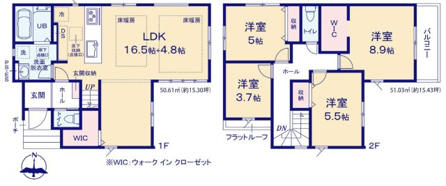 三郷市新和1丁目　新築戸建の間取り|21.3帖のリビングは床暖房完備！WIC2ヶ所付き