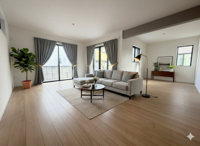 三郷市新和1丁目　新築戸建の居間・リビング|現況の物件写真にCGによる画像処理を行っています。家具、家電、小物、カーテン等はイメージはCGです。