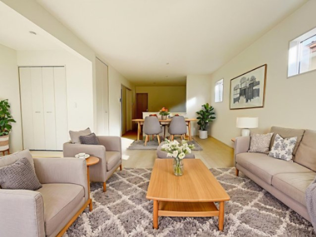 新築戸建・新築建売　郡山市富久山町福原字三斗蒔田【長期優良住宅】行健小・行健中の居間・リビング|画像はAI加工による演出で、実際の家具は付きません。