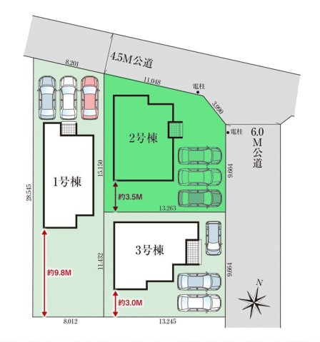 【区画図】 | グラファーレ前橋市関根町ー② | ZEH水準住宅！開放的な角地に面した敷地！
カースペースは並列3台駐車可能！