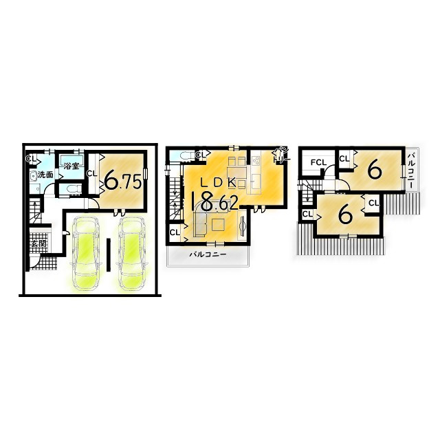 寺本５丁目　３階建プラン　建築条件付き土地の土地図＋建物プラン例