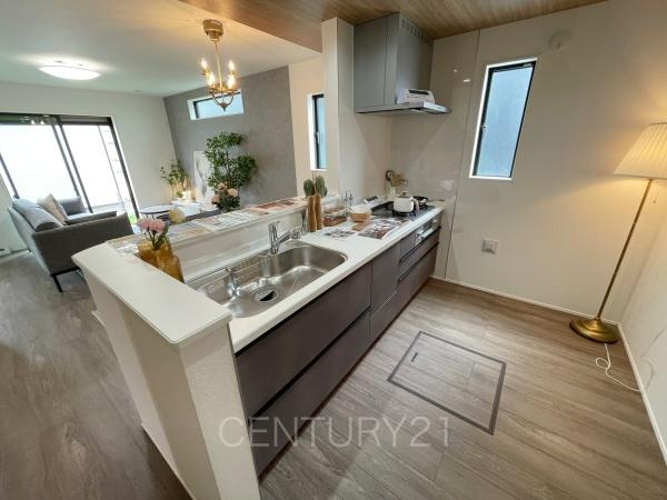 前橋市関根町3棟 2号棟のキッチン|シンクも大きく洗い物もしやすい浄水器付。シャワーヘッドは引き出し可能、シンクの隅々まで洗い流せます。