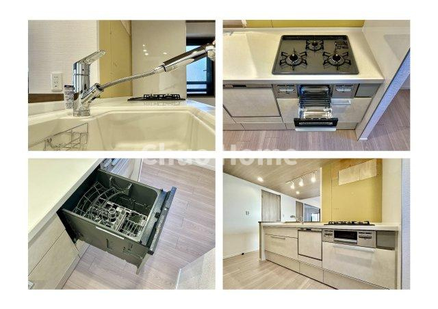 キャニオングランデ大島のキッチン|【システムキッチン】ワイドで収納豊富な使い勝手の良いカウンターキッチンには、食洗器や伸縮タイプのキッチン水栓、三ツ口コンロ・魚焼きグリルなどの便利な設備が標準完備されています。