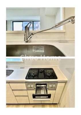 【キッチン】 | GROWS堀切菖蒲園AZ | 【キッチン水栓】キッチン水栓はシャワーヘッドが伸びますのでシンクの隅々まで届きます。【三ツ口コンロ】奥様に好評な三ツ口コンロと魚焼きグリルです。