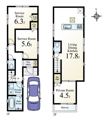 練馬区羽沢2丁目 全3棟 1号棟の間取り|2階建て3LDK(納戸表記含)+車庫
LDKは17.8帖の開放感
南側に面したワイドバルコニー