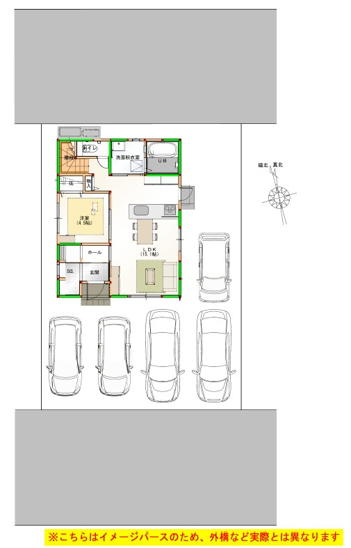 香南市野市町西野　新築戸建　⑦　駐車場５台　（全2棟）の区画図|⑦　南向き
