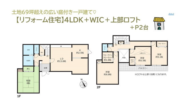 【間取り】 | 家計に優しい都市ガスエリア！1日を通して日照時間長い全室南向き！　
土地69坪超えの広い庭付き一戸建て！気持ちよい新生活がお迎えできる4LDKリフォーム住宅です♪