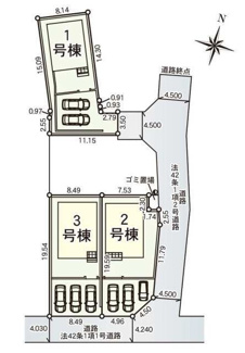 【区画図】 | 南足柄市塚原  3号棟 第35 | ※1号棟ご成約済　南道路　3号棟　南東側約4～約4.2ｍ公道　駐車並列3台（車種によります）　敷地面積50.2坪　