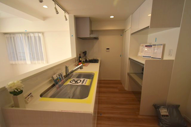 ビバリーホームズ松濤のキッチン|対面キッチンには食洗機、浄水器が付いており、背面には食器棚、カップボードも設置してあります。