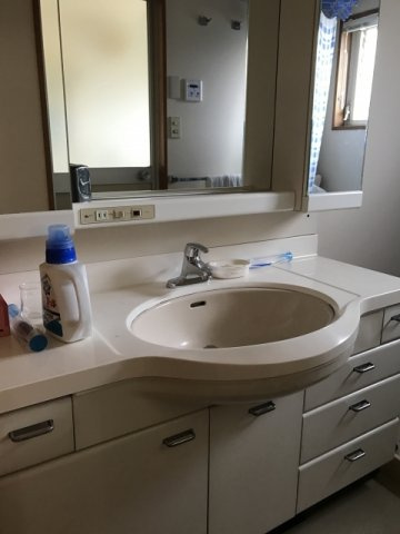 わんにゃんハウス祖師谷の独立洗面台|清潔感のある大きな独立洗面台は、朝の準備もはかどりますね。