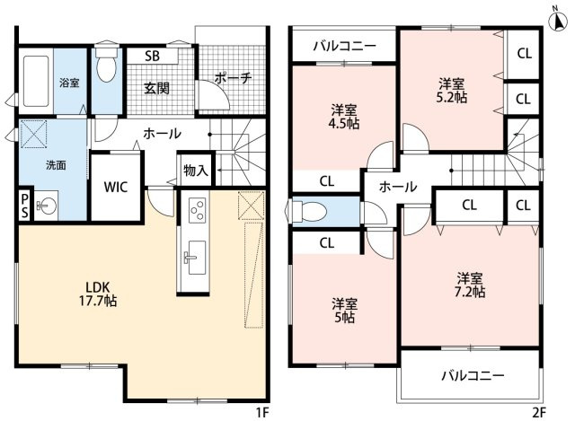 小牧市久保　新築戸建　２号地の間取り|４LDK。１階にウォークインクローゼットあり。南面にお庭あり。