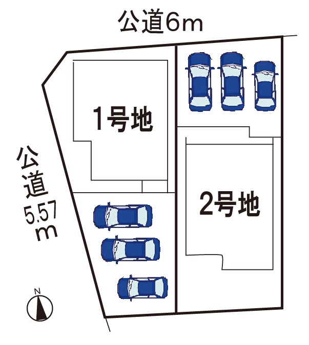 小牧市久保　新築戸建　２号地の区画図|駐車場並列３台可。
