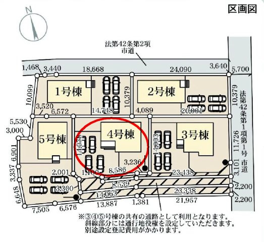 リーブルガーデンＳ第13渋川八木原　4号棟の区画図|駐車場４台ご用意しています！来客時も重宝しますよ♪
前面道路も5.7mあるので車の出し入れもしやすいですよ！