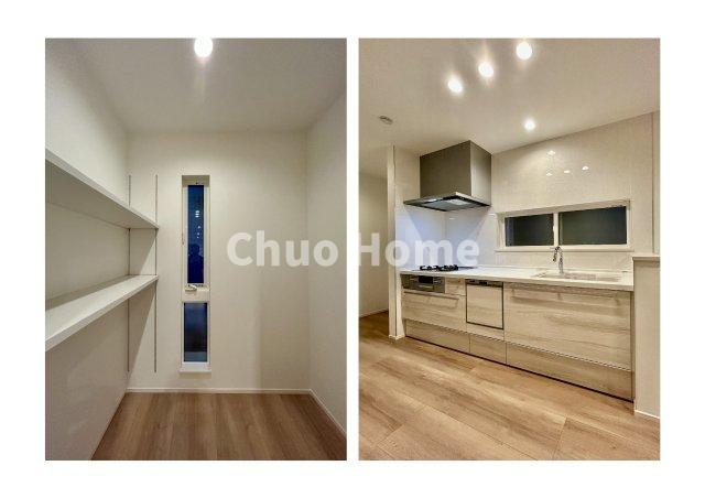 荒川区西尾久5丁目新築分譲住宅のキッチン|大容量パントリーのあるキッチンスペース