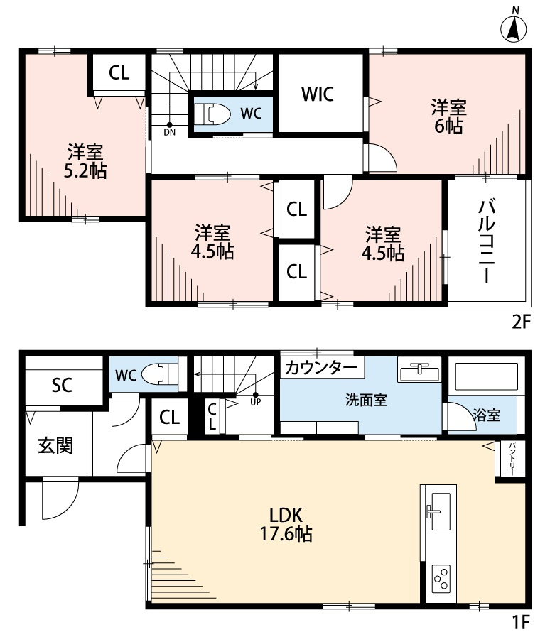 小牧市小牧1丁目　新築戸建　1号棟の間取り|玄関が道路から見えないプランです。電動シャッター付き。
室内物干し付洗面所です。シューズクローク・パントリー・リビング収納あり。