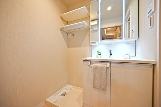 パレ武庫川プルミエールⅢ2号棟の独立洗面台|1階洗面室に入ってすぐの内観写真です。 洗面台は2面鏡裏収納付きのドレッサーです。