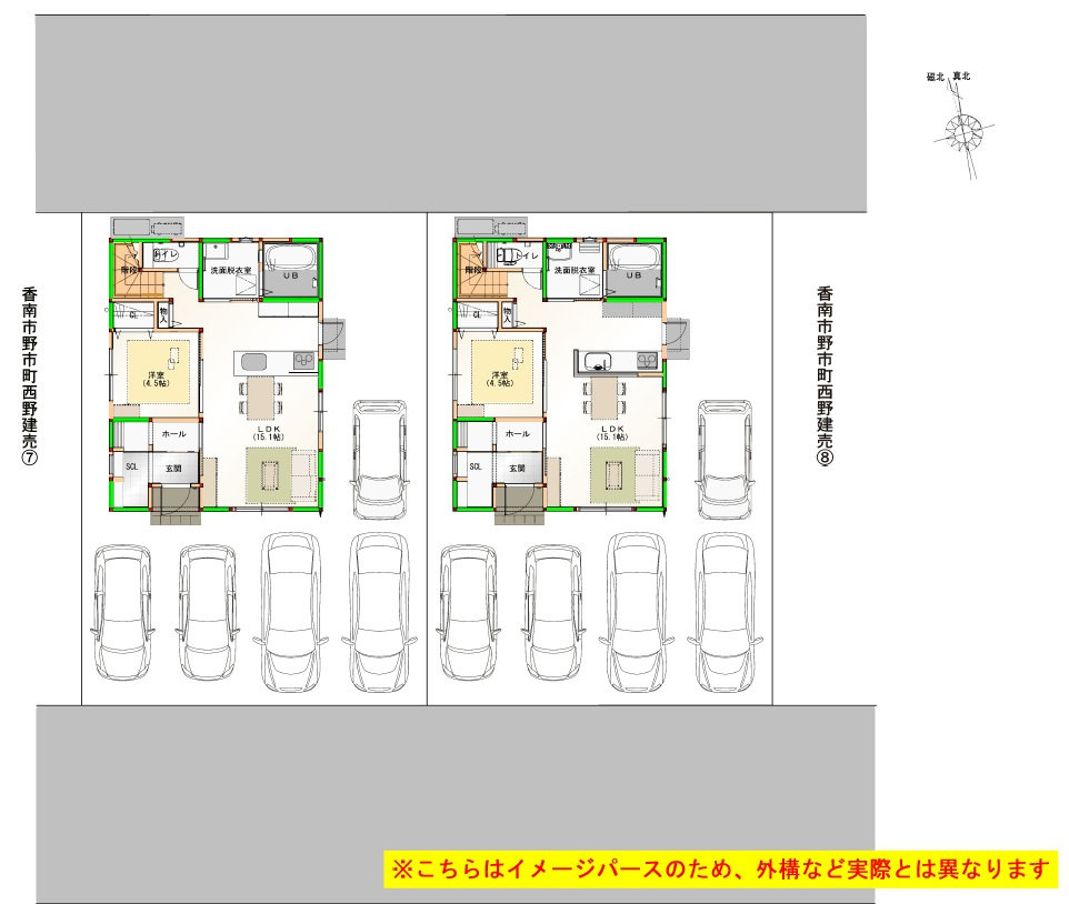 香南市野市町西野　新築戸建　⑧　駐車場５台　（全2棟）の区画図|⑧