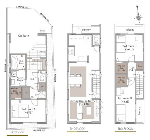 【間取り】 | 中野区丸山１丁目　新築戸建て　３号棟 | 3LDK・土地面積69.07ｍ2・建物面積108.93ｍ2