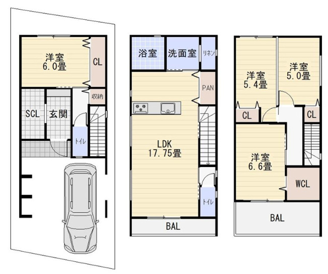 【間取り】 | 東大阪市衣摺4丁目 | 新築完成済み☆【全洋室4LDK＋車庫】2階に水廻り設備集約、家事の効率UP♪SCL・WCLあります♪建設住宅性能評価取得物件☆（一次エネルギー消費量等級4、断熱等性能等級4）