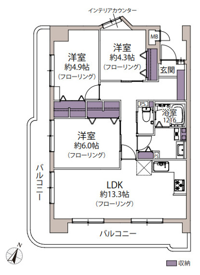 【間取り】 | アンピール竹下1号館 | お部屋をぐるりと囲む広いバルコニーがあります。どのお部屋からもバルコニーにアクセスできるので便利です