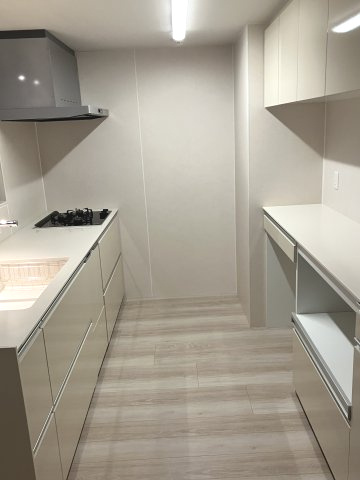 広尾アパートメントのキッチン|背面には収納も完備