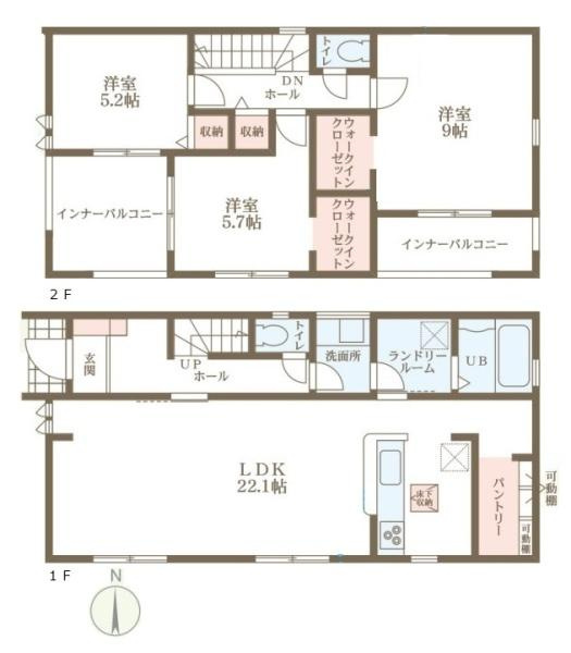 リーブルガーデン平野 ２号棟 ／新築一戸建の間取り|■広々したリビング２２．１帖・３ＬＤＫ＋２ＷＩＣの間取り！大容量の収納など、ご家族のお住まいにピッタリです！
