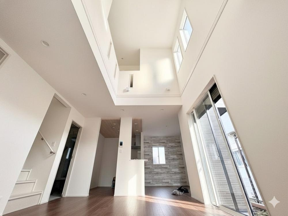 【Blooming Garden】東久留米市花小金井弥生の居間・リビング|リビング上部は、明るく開放感のある吹抜け仕様。