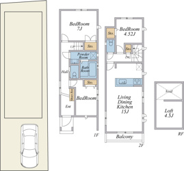 【土地図＋建物プラン例】 | 建物参考プラン3LDK+ロフト(参考価格1,226万円、建物面積77.83平米)