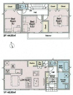 【間取り】 | 南足柄市関本  4号棟 第8 | 防犯カメラ（利用時Wifi接続必要）　引き違い窓シャッター付　人感センサー付玄関灯　二部屋から行き来できる南向きバルコニー　浴室乾燥機+窓　全居室収納