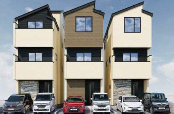 横浜１丁目　新築戸建　３棟の外観パース|１号棟～３号棟　３階建