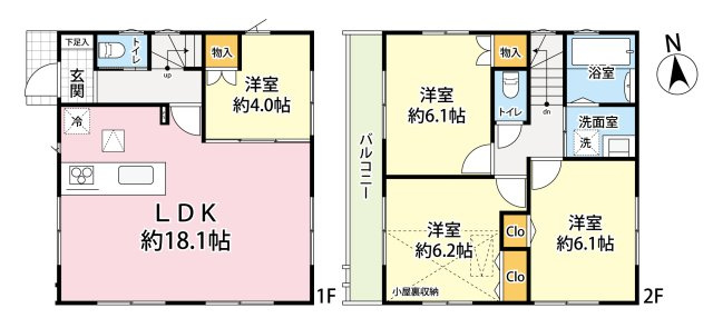 中野区上鷺宮2丁目　土地33坪×整形地　建築条件付き　全3区画の参考プラン|3区画　4LDK+小屋裏収納　敷地面積 110.47ｍ2　建物面積 87.91ｍ2　建物価格 1,360万円