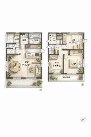 上尾市上27期全1棟の間取り|全室2面採光で陽当たり良好の間取りです。16.68帖の広々リビングで、ご家族との大切な時間を過ごせます。水回り集中設計で家事動線良好◎大きな収納スペースとしても活用可能な1.75帖サービスルーム付き。