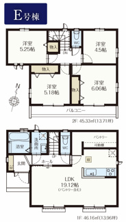 【間取り】 | 【仲介手数料無料！！】府中市日新町5丁目　新築戸建て（全19棟）E号棟　5090万円 | E号棟　4LDK　土地：117.02㎡（35.39坪）、建物：91.49㎡