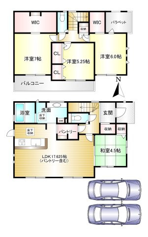 桜井市大福 １号棟 の間取り|4LDK＋パントリー＋2WIC　土地面積：213.98㎡　建物面積：107.23㎡　駐車スペース2台