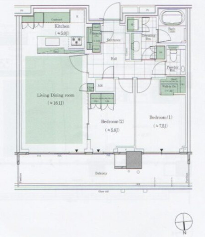SKY DUO PARK VILLAGE T棟 50階の間取り|北住戸の82.31㎡の2LDKの間取りです。