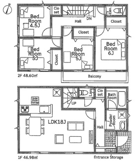 【間取り】 | 綾瀬市寺尾北3丁目  1号棟 第14 | 防犯カメラ（利用時Wifi接続必要）　引き違い窓シャッター付　人感センサー付玄関灯　二部屋から行き来できる南向きバルコニー　浴室乾燥機+窓　全居室収納