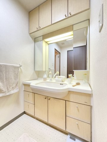 サーパス高須Ⅱの独立洗面台|三面鏡付きの洗面化粧台。洗面下の収納も充実しています。