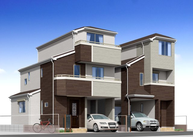 板橋区蓮沼町　全室6帖以上　車庫付き住宅　限定2棟　の外観パース